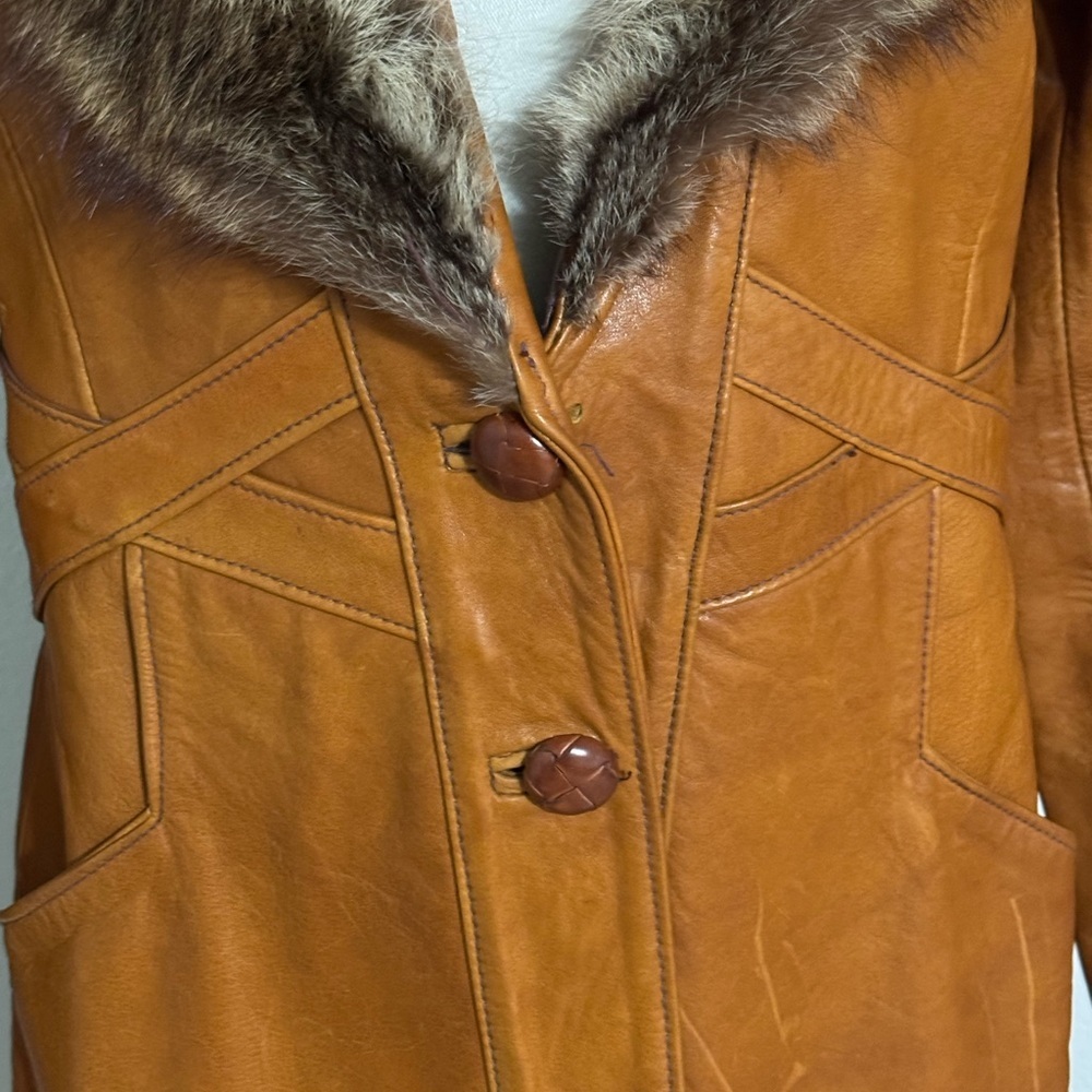 VINTAGE Mango Road Inc Leather Fur Jacket Trench Coat Long Penny Lane XS S Brown - Picture 14 of 14